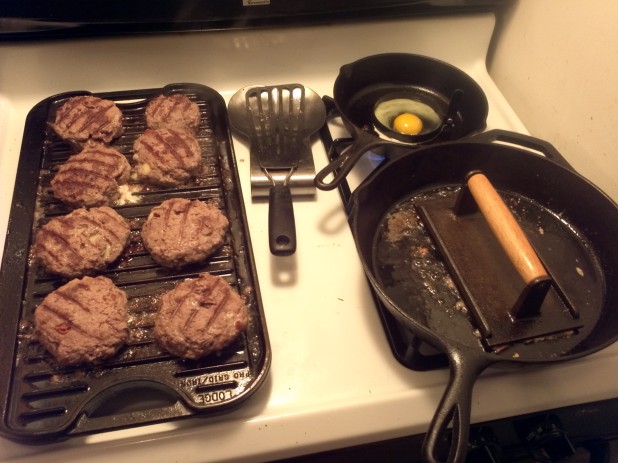 Bacon Weave, Burger and Egg cooking at the same time