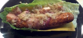 Bacon Wrapped Brat with cheese and Kohlrabi Kraut