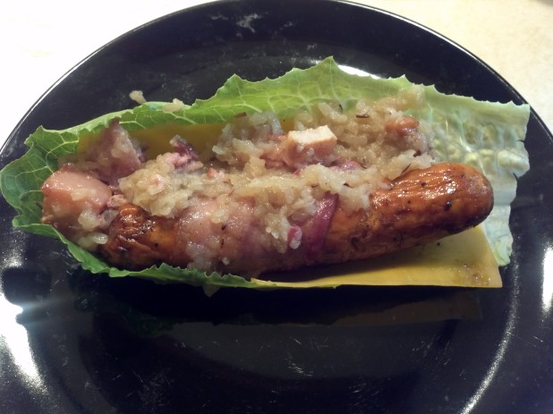 Bacon Wrapped Brat with cheese and Kohlrabi Kraut