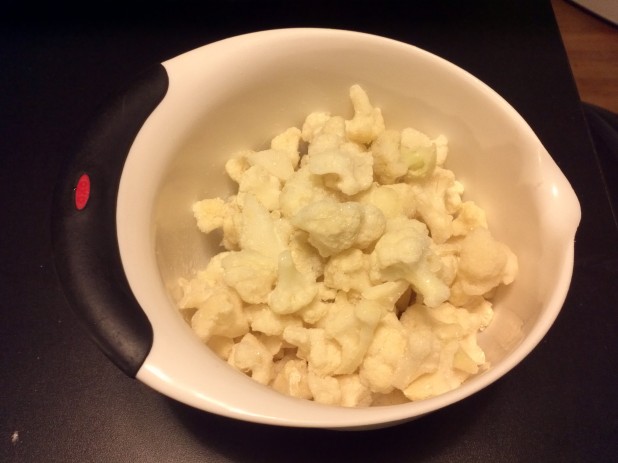 Frozen Cauliflower in mixing bowl