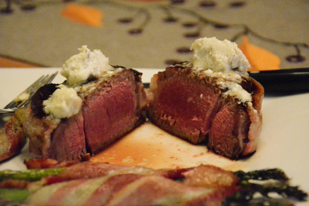 Medium Rare Bacon Wrapped Filet Mignon with Bleu Cheese Butter