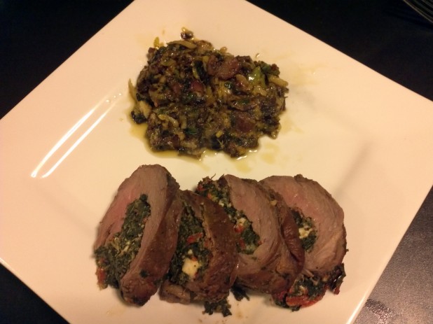 Cheesy Brussels Sprouts with Seared and Stuffed Flank Steak