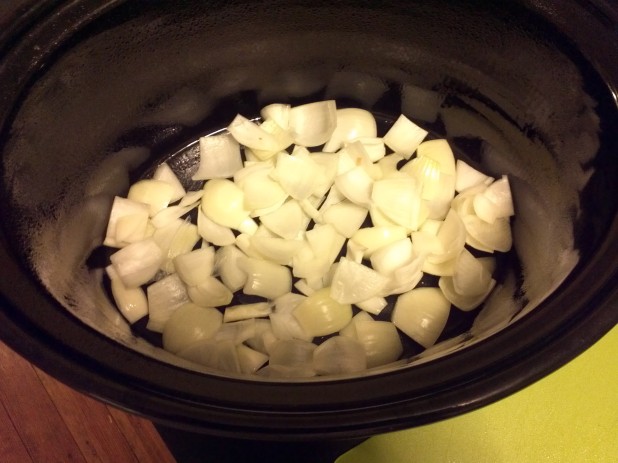 Onions on bed of Crock Pot