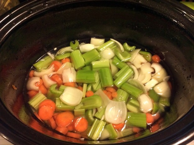 Vegetables lining crockpot with water
