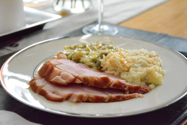 Mashed Cauliflower with Low Carb Bourbon Glazed Ham and Cheesy Green Bean Casserole