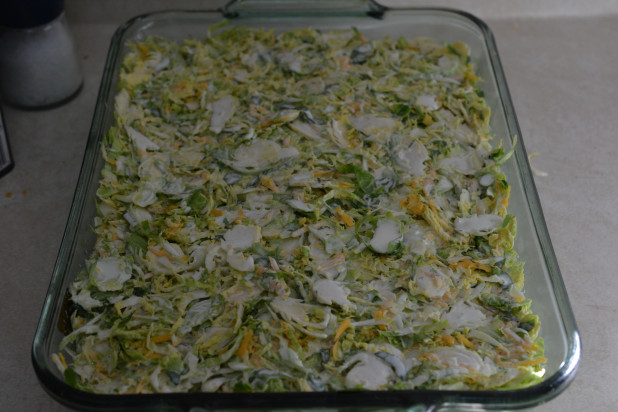 Brussels sprout casserole in dish with cream