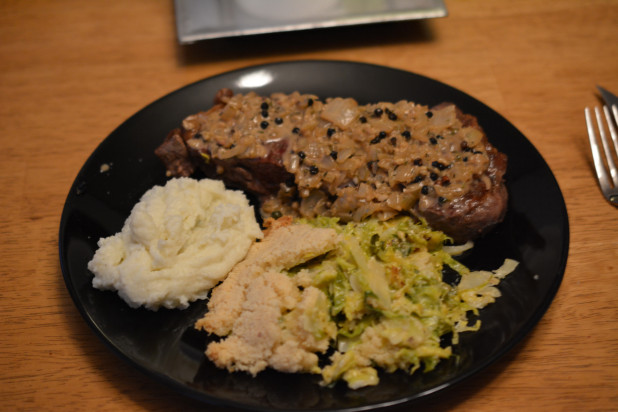 Brussels Sprout Casserole with steak and cauliflower mash