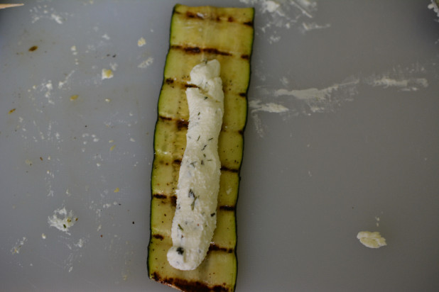 Goat cheese filling on zucchini strips