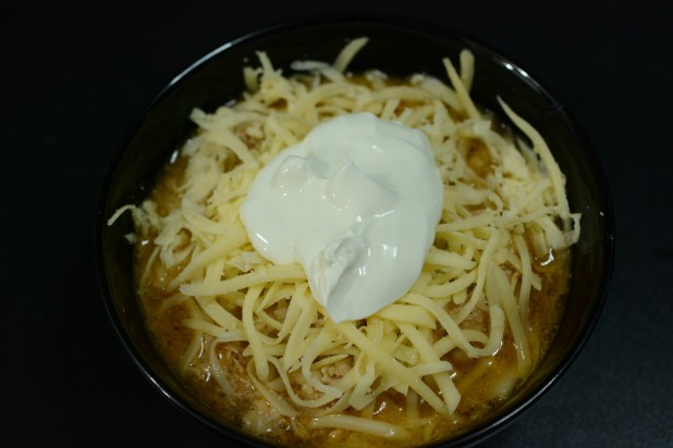 Chicken Chili Soup with Cheese and Sour Cream