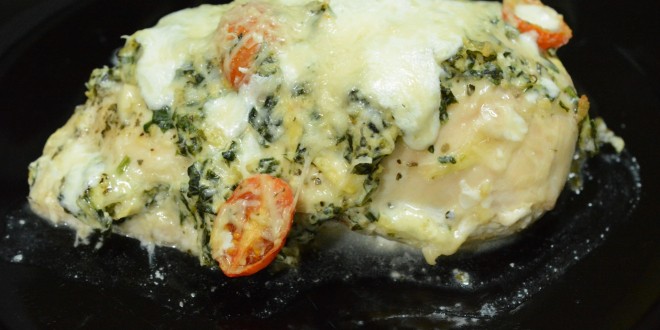 Chicken Stuffed and Topped with Spinach Artichoke Dip