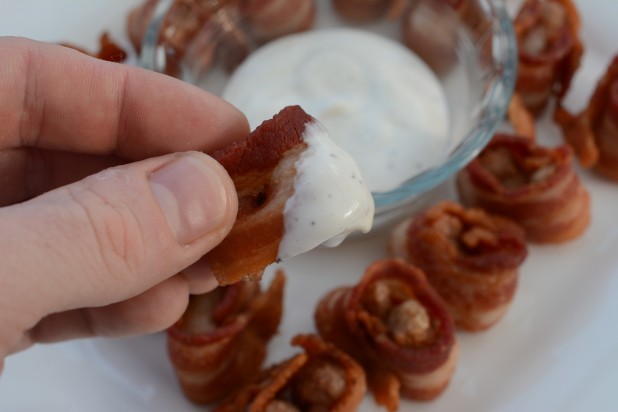 Bacon Wrapped Sausage Dipped in Ranch