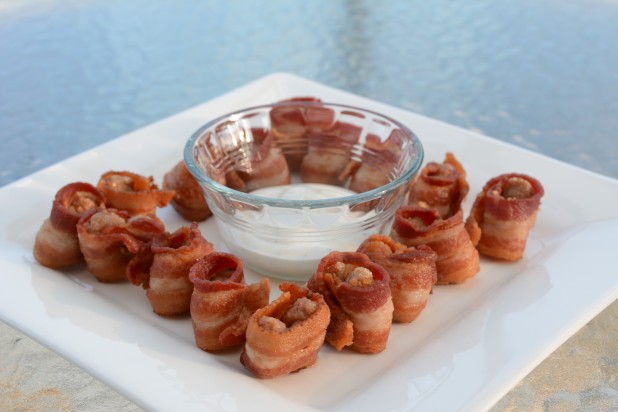 Bacon Wrapped Sausages with a Ranch Dipping Sauce