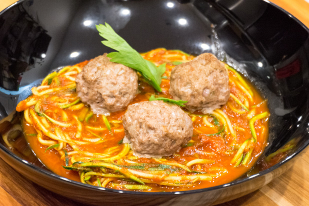 Finished Zoodles with Lamb Meatballs