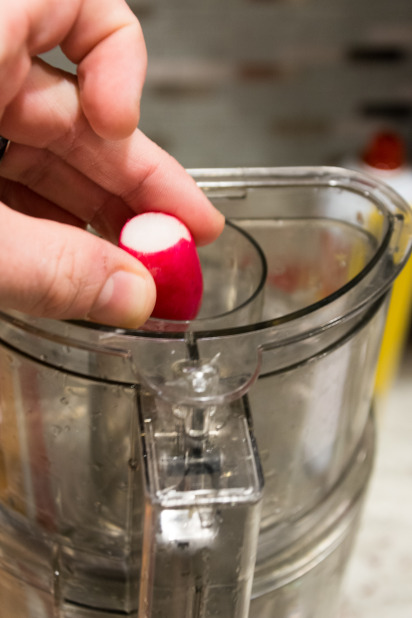 Radish Dropping into Food Processor