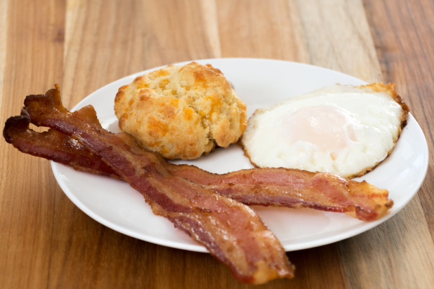 Cheddar Carbquik Biscuit with Bacon and Eggs